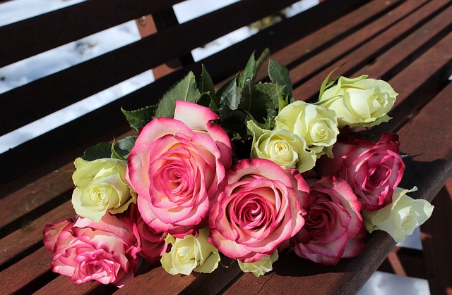 ベンチに置かれたピンクと白のバラの花